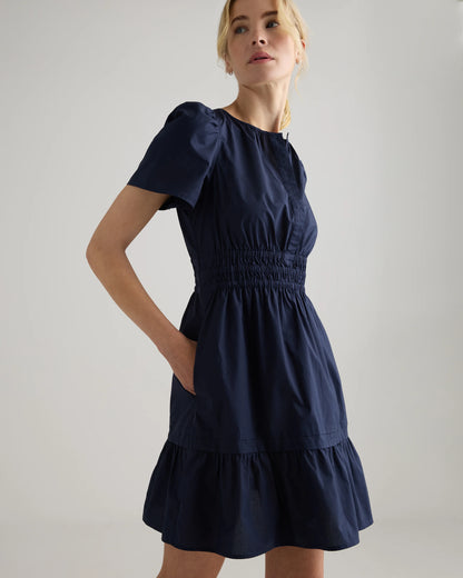 100% Organic Cotton Poplin Tiered Mini Dress - XS / Riviera Blue Heirloom Floral