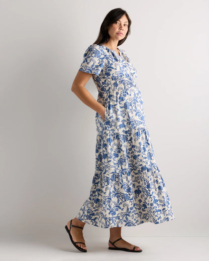 100% Organic Cotton Poplin Maternity Tiered Maxi Dress - XS / Riviera Blue Heirloom Floral
