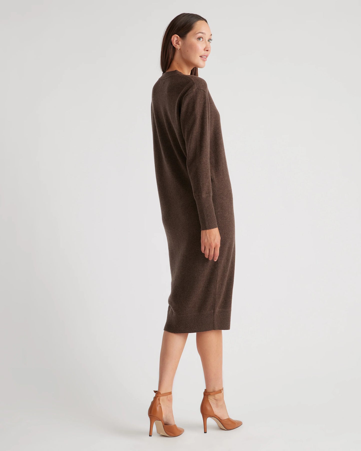 Mongolian Cashmere V-Neck Midi Sweater Dress - XS / Brown