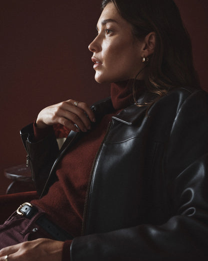 100% Leather Cropped Zip-Front Jacket - XS / True Black