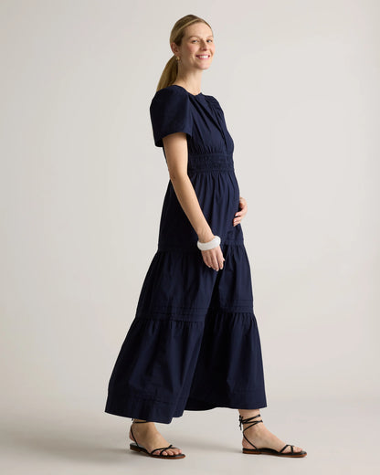 100% Organic Cotton Poplin Maternity Tiered Maxi Dress - XS / Riviera Blue Heirloom Floral