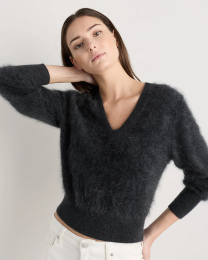 Brushed Cashmere Shrunken V-Neck Sweater - XS / Heather Grey