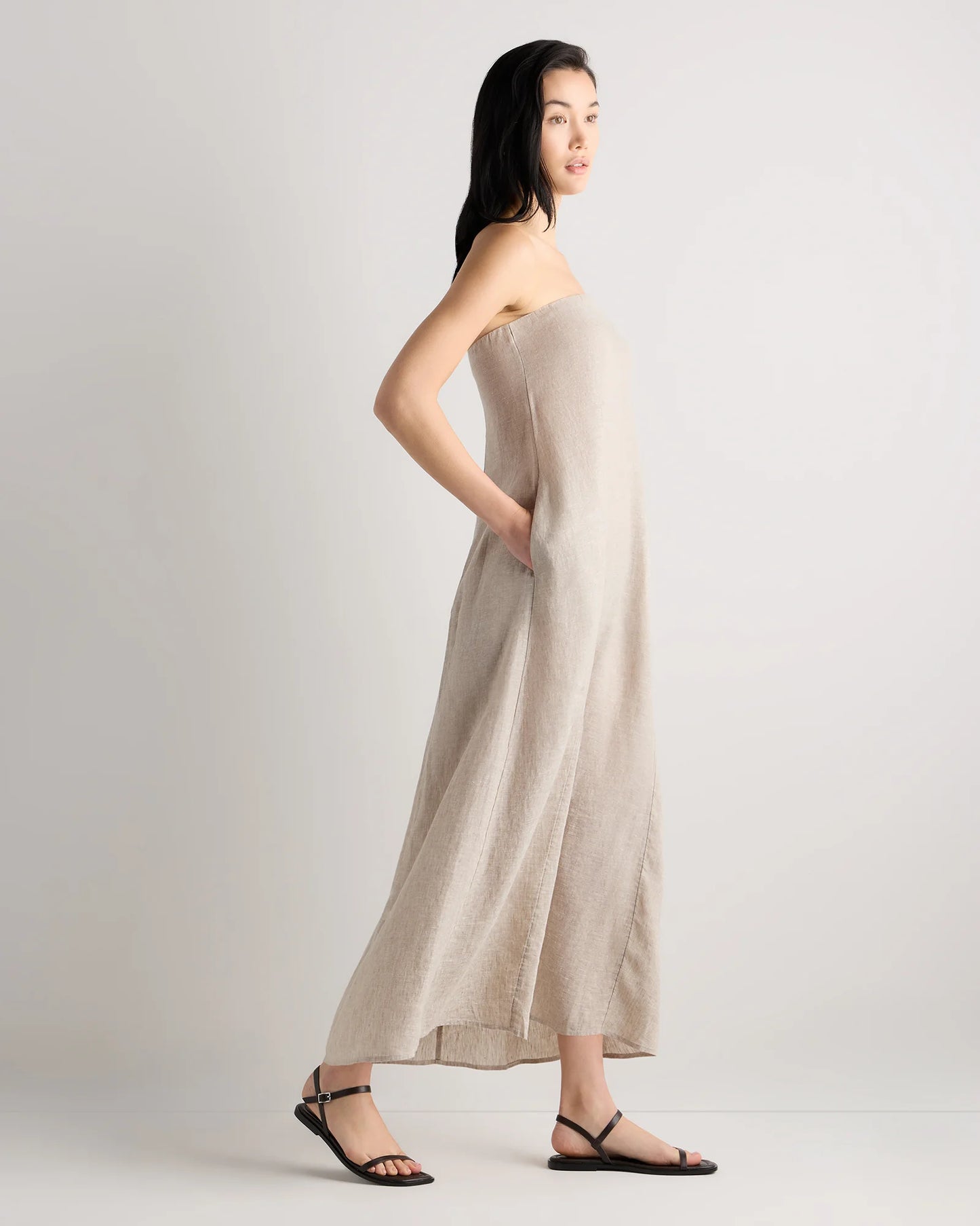 100% European Linen Strapless Maxi Dress - XS / Brick Red Heirloom Floral