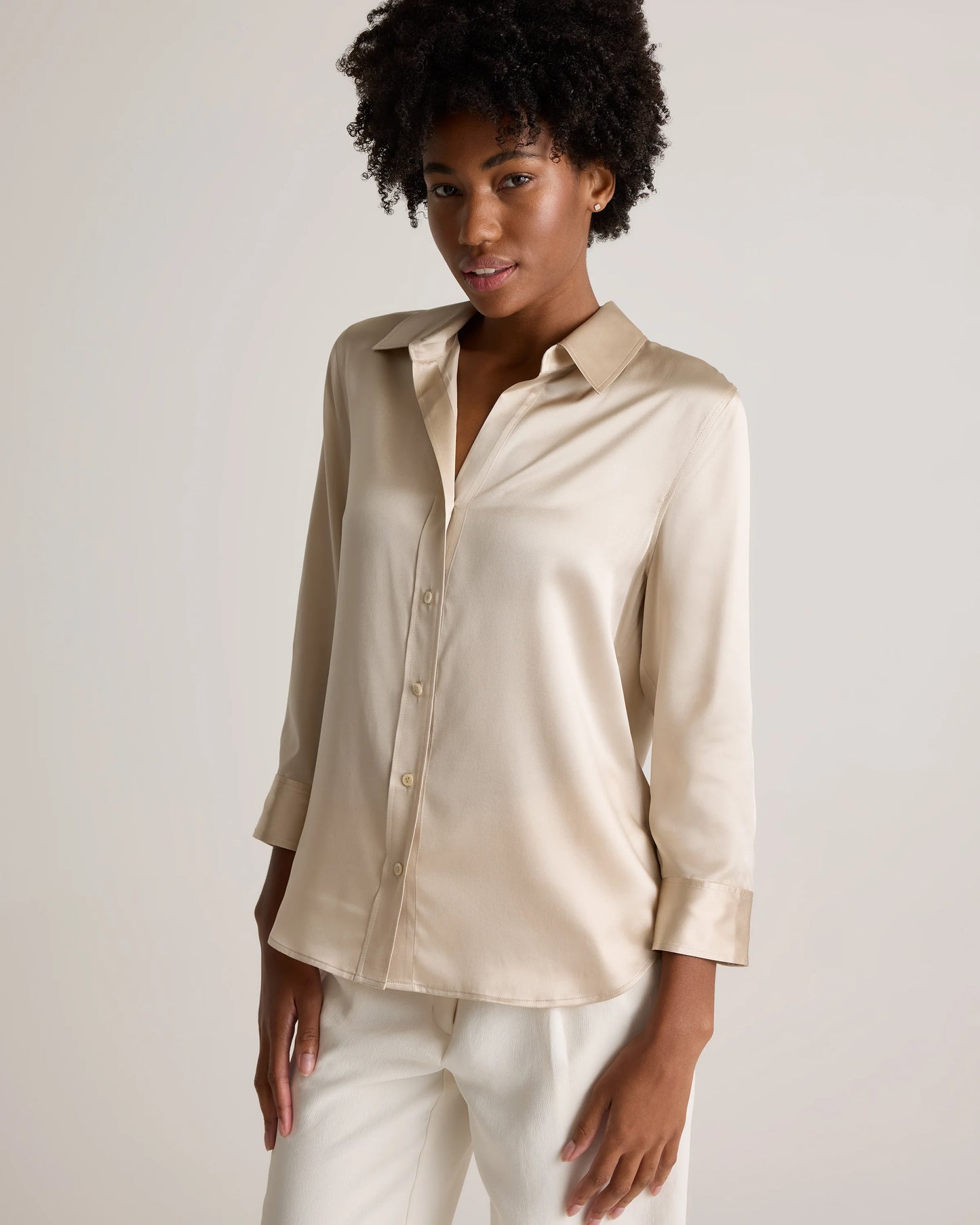 100% Washable Silk Three-Quarter Sleeve Shirt - XS / Vintage Pink
