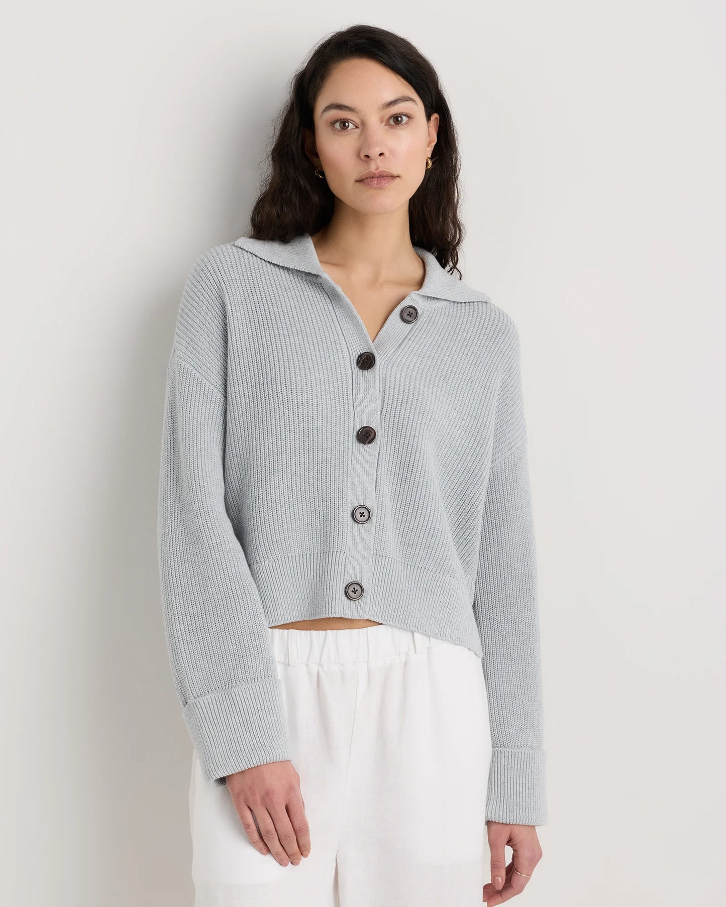 100% Organic Cotton Fisherman Collared Cardigan - XS / Heather Dove Grey