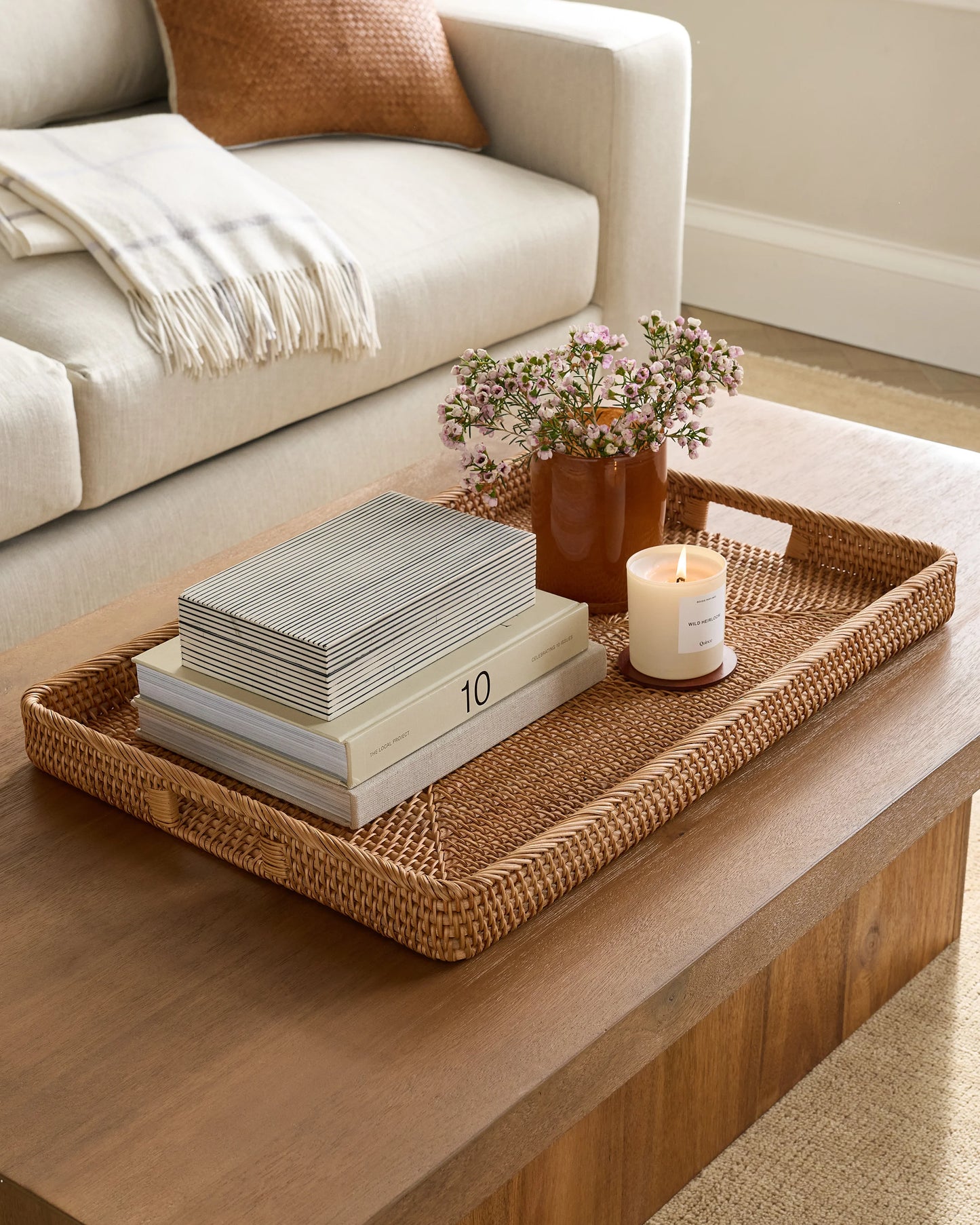 Handwoven Rattan Rectangular Tray - One Size / Natural