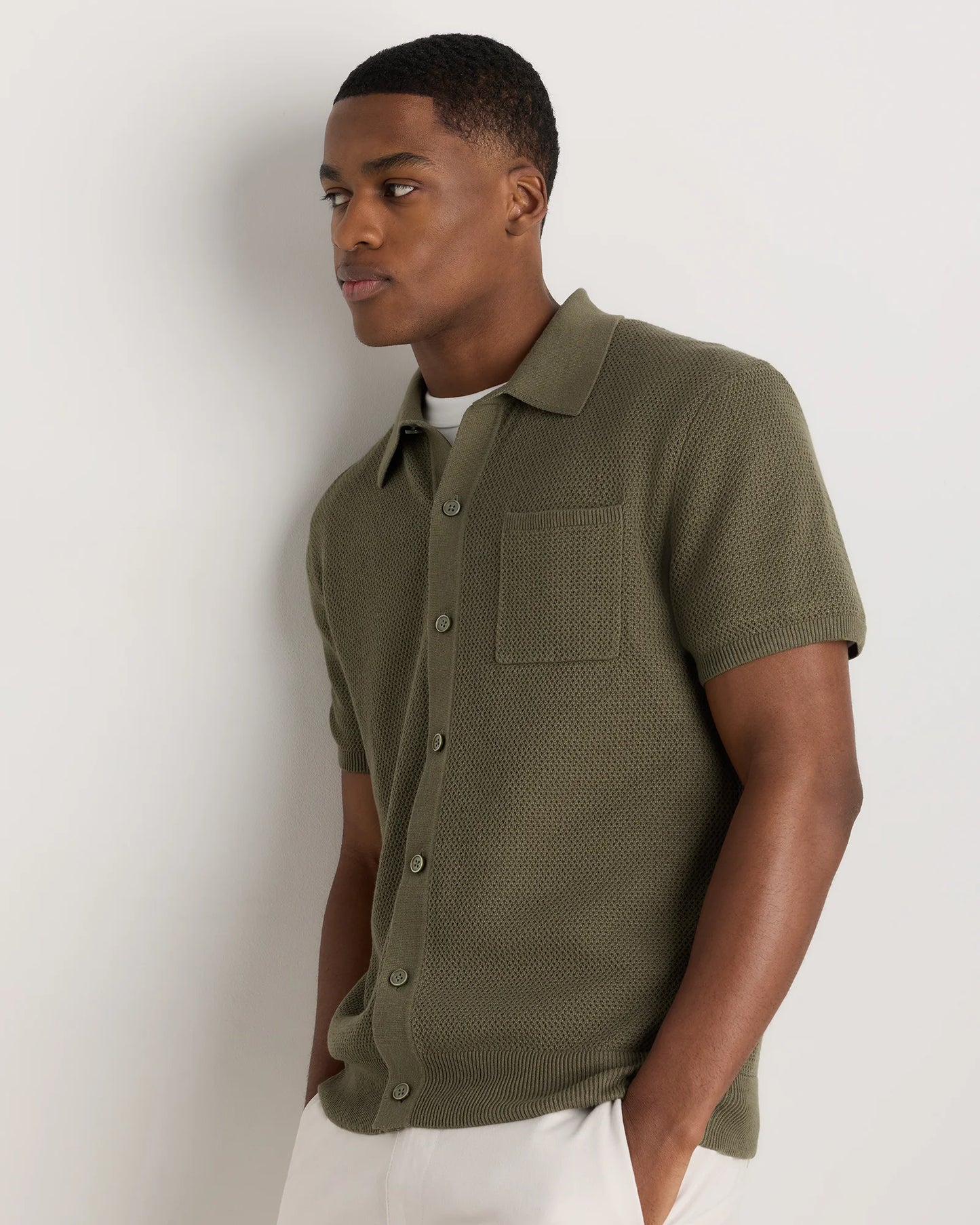 100% Organic Cotton Mesh-Stitch Button-Up Sweater Polo - XS / Speckled Beige
