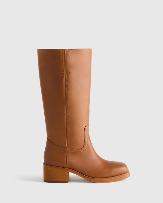 Italian Leather Block Heel Boot - 5 / Chestnut