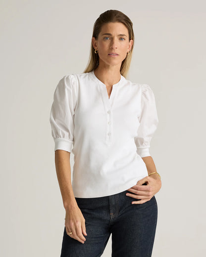 Cotton Mixed Media Puff Sleeve Top - XS / Classic White