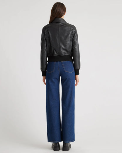 100% Washed Leather Bomber Jacket - XS / Black