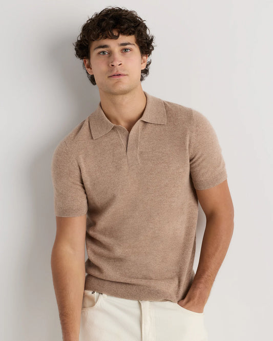100% Mongolian Cashmere Johnny Collar Polo Sweater - S / Oatmeal