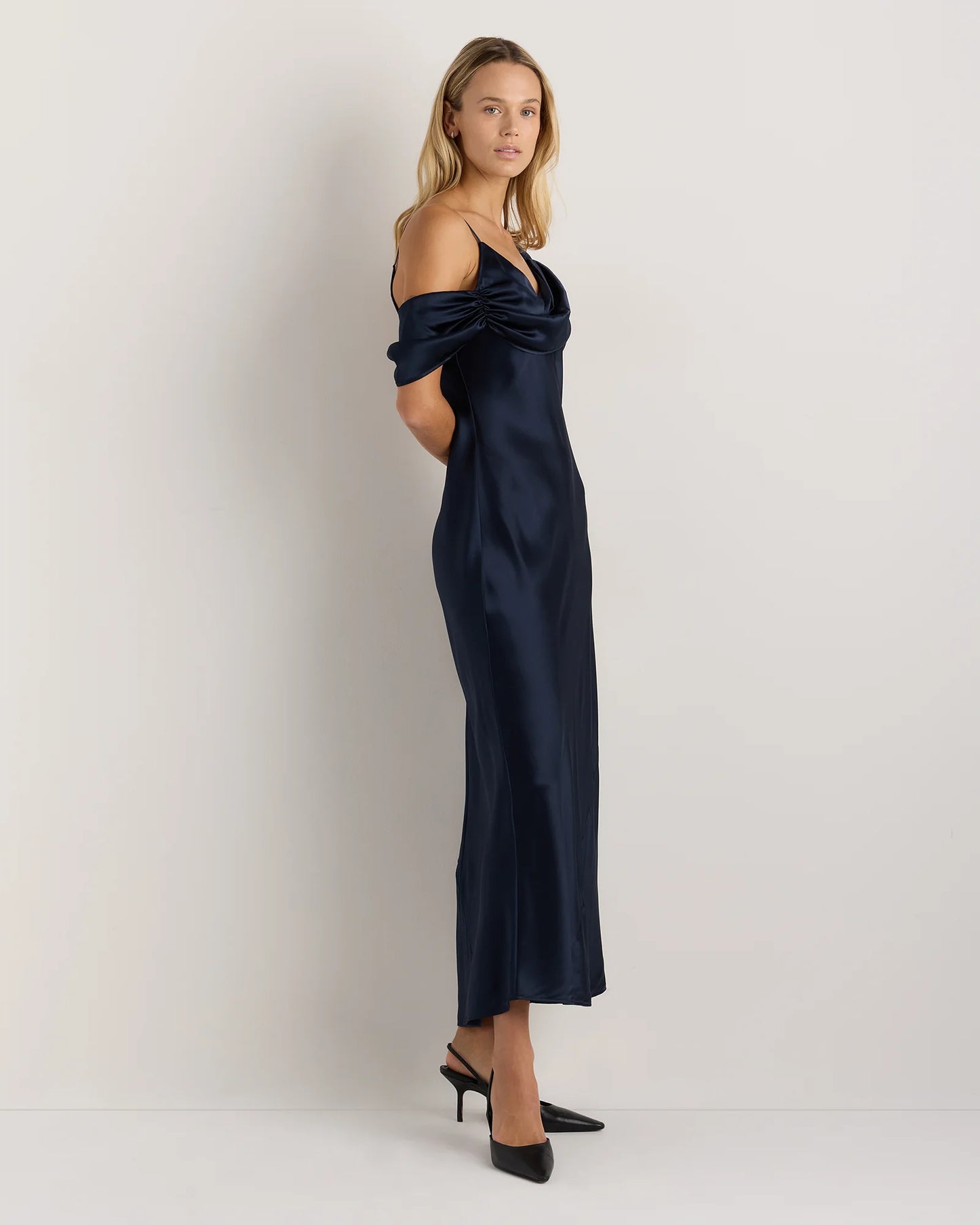 100% Washable Silk Draped Shoulder Maxi Dress - XS / Navy