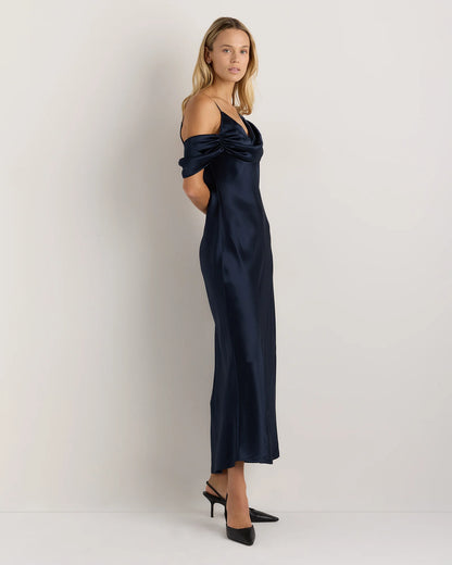 100% Washable Silk Draped Shoulder Maxi Dress - XS / Navy