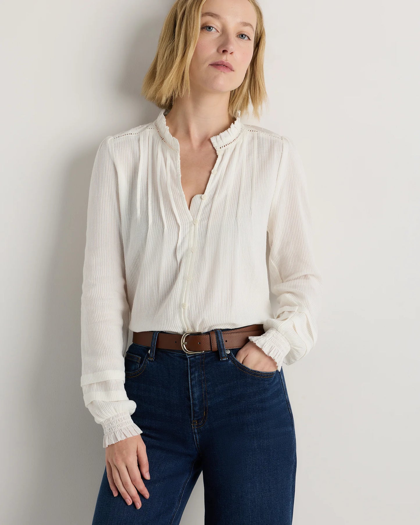 Organic Textured Cotton Peasant Blouse - XS / Pale Custard Yellow