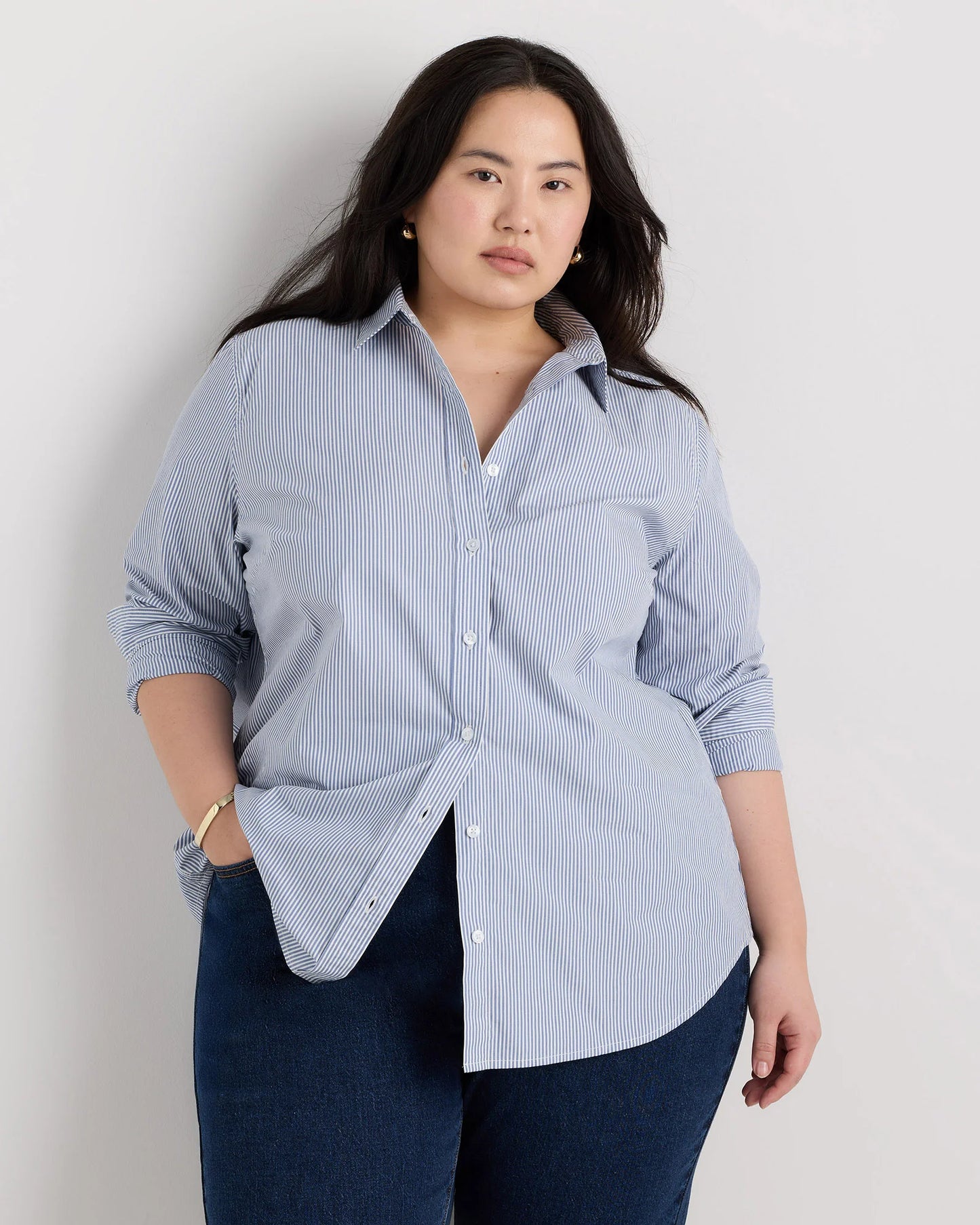100% Organic Cotton Poplin Long Sleeve Shirt - 1X / Classic White