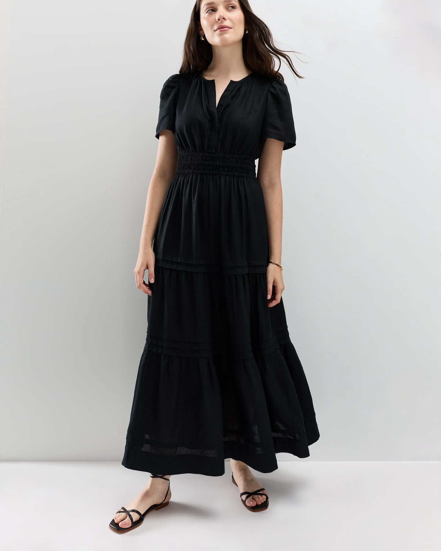 100% European Linen Tiered Maxi Dress - XS / Deep Navy