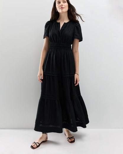 100% European Linen Tiered Maxi Dress - XS / Ivory Porcelain Blue Petite Floral