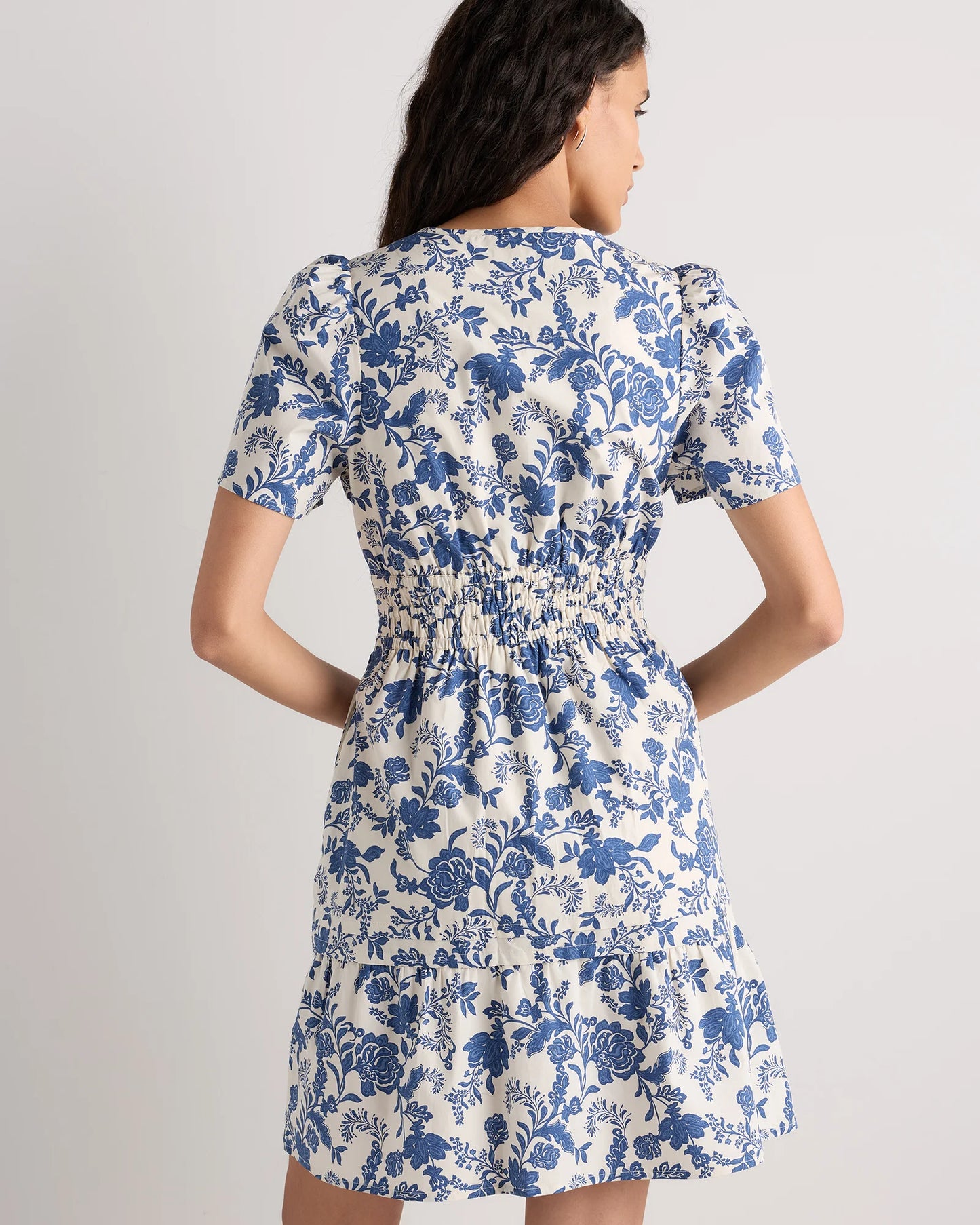 100% Organic Cotton Poplin Tiered Mini Dress - XS / Riviera Blue Heirloom Floral