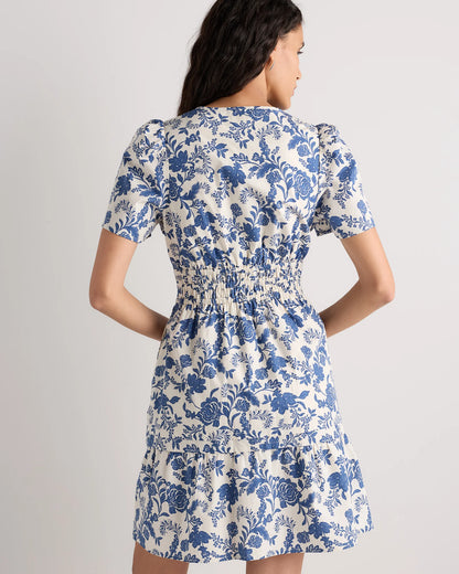 100% Organic Cotton Poplin Tiered Mini Dress - XS / Riviera Blue Heirloom Floral