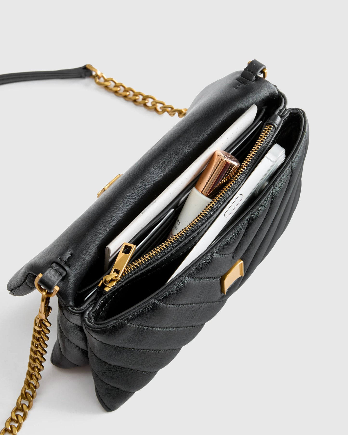 Italian Leather Quilted Wallet Crossbody - One Size / Black/Gold