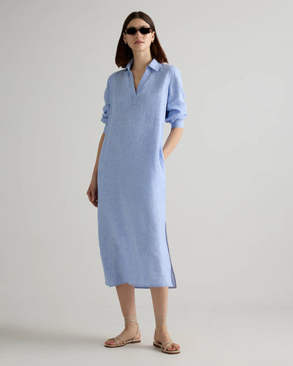 100% European Linen Popover Maxi Dress - XS / Blue Pinstripe