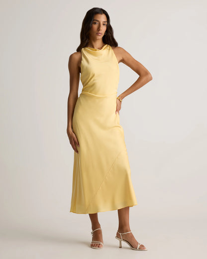 Washable Stretch Silk High Neck Midi Dress - XS / Vintage Navy Roses