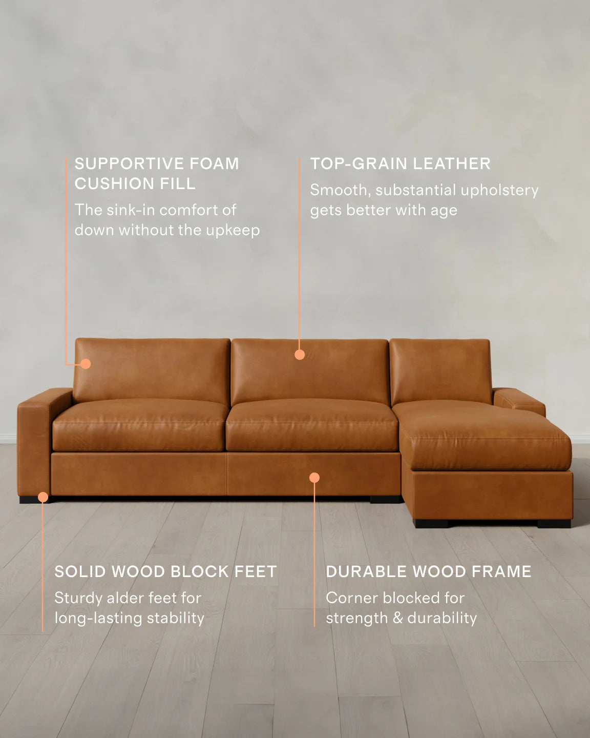 Stillman Chaise Sectional in Leather - 116" Right Arm / Auburn