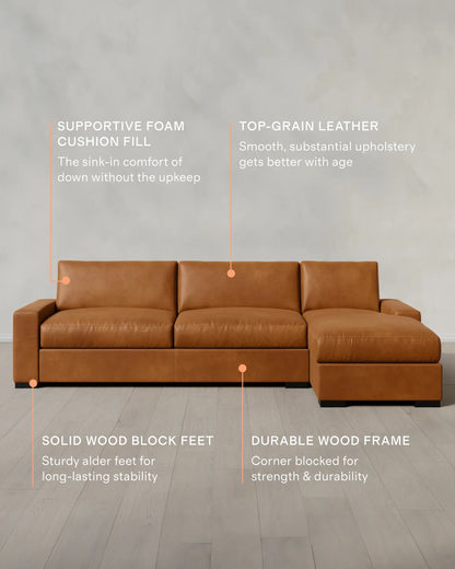 Stillman Chaise Sectional in Leather - 116" Right Arm / Auburn