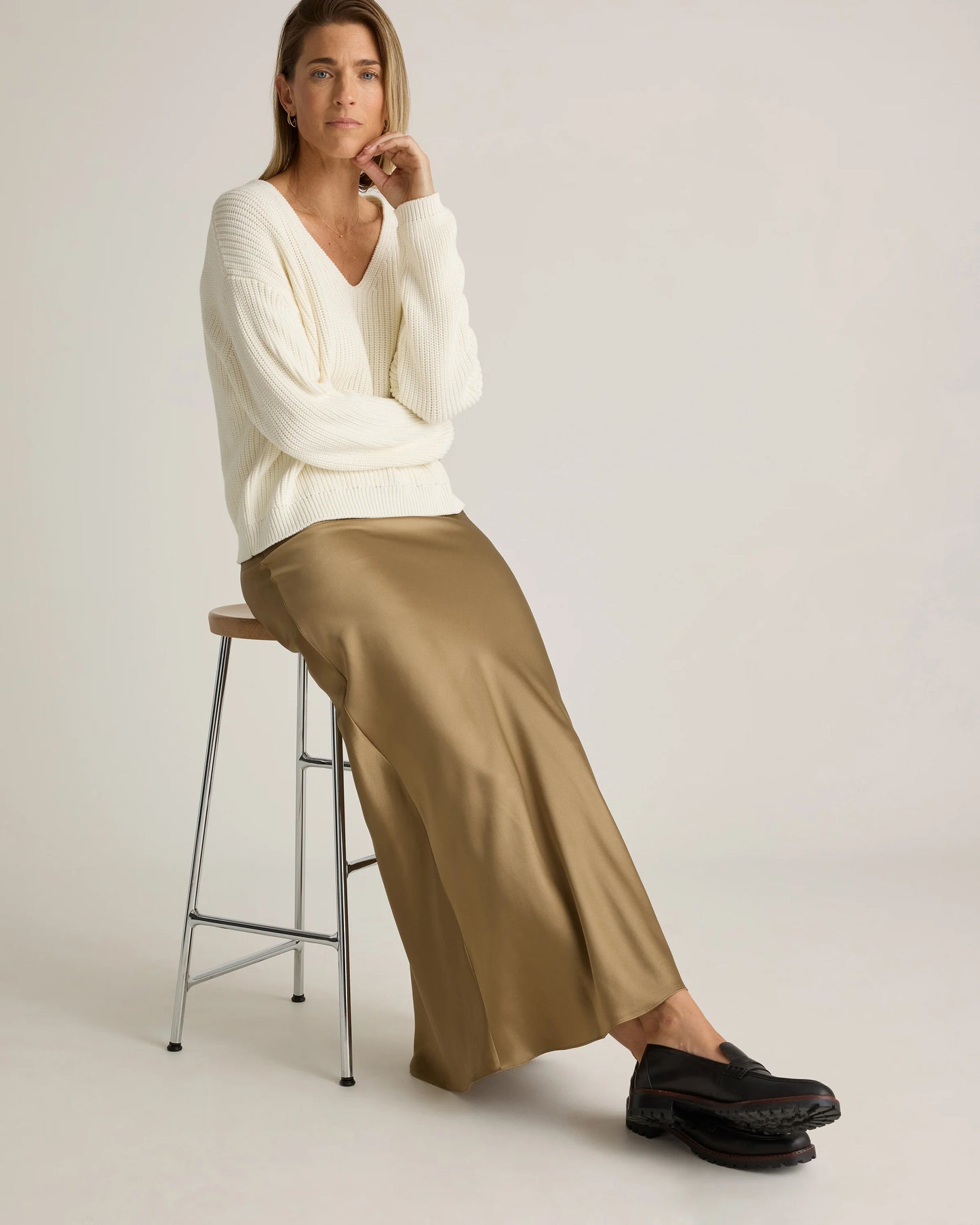 100% Washable Silk Maxi Skirt - XS / Champagne