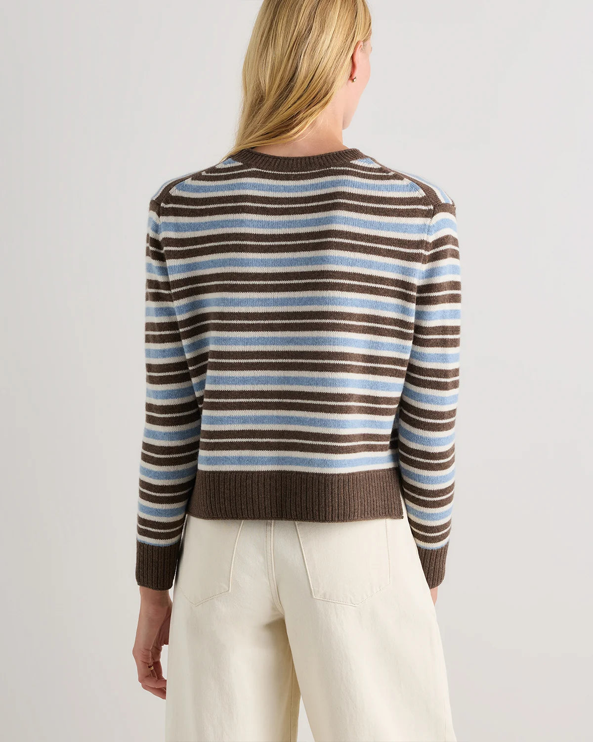 Mongolian Cashmere Boxy Crewneck Sweater - XS / Faded Denim/Brown/Ivory Variegated Stripe