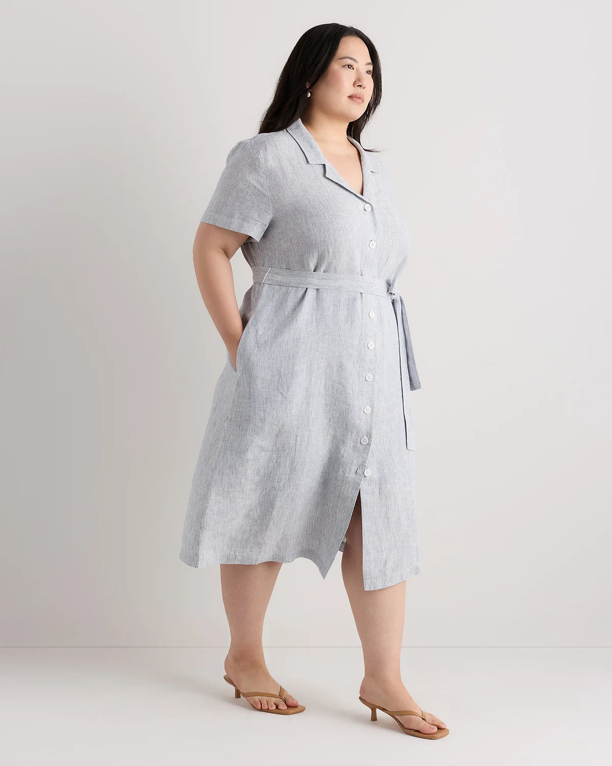 100% European Linen Button Front Dress - 1X / Blue Pinstripe