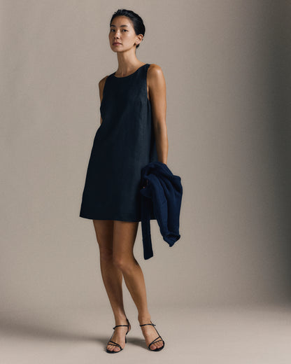 100% European Linen Tank Mini Dress - XS / Deep Navy