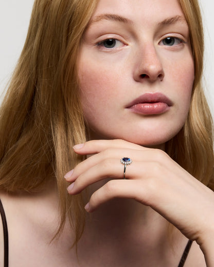 14K Gold Lab Grown Diamond and Blue Sapphire Halo Ring - 4 / Yellow Gold