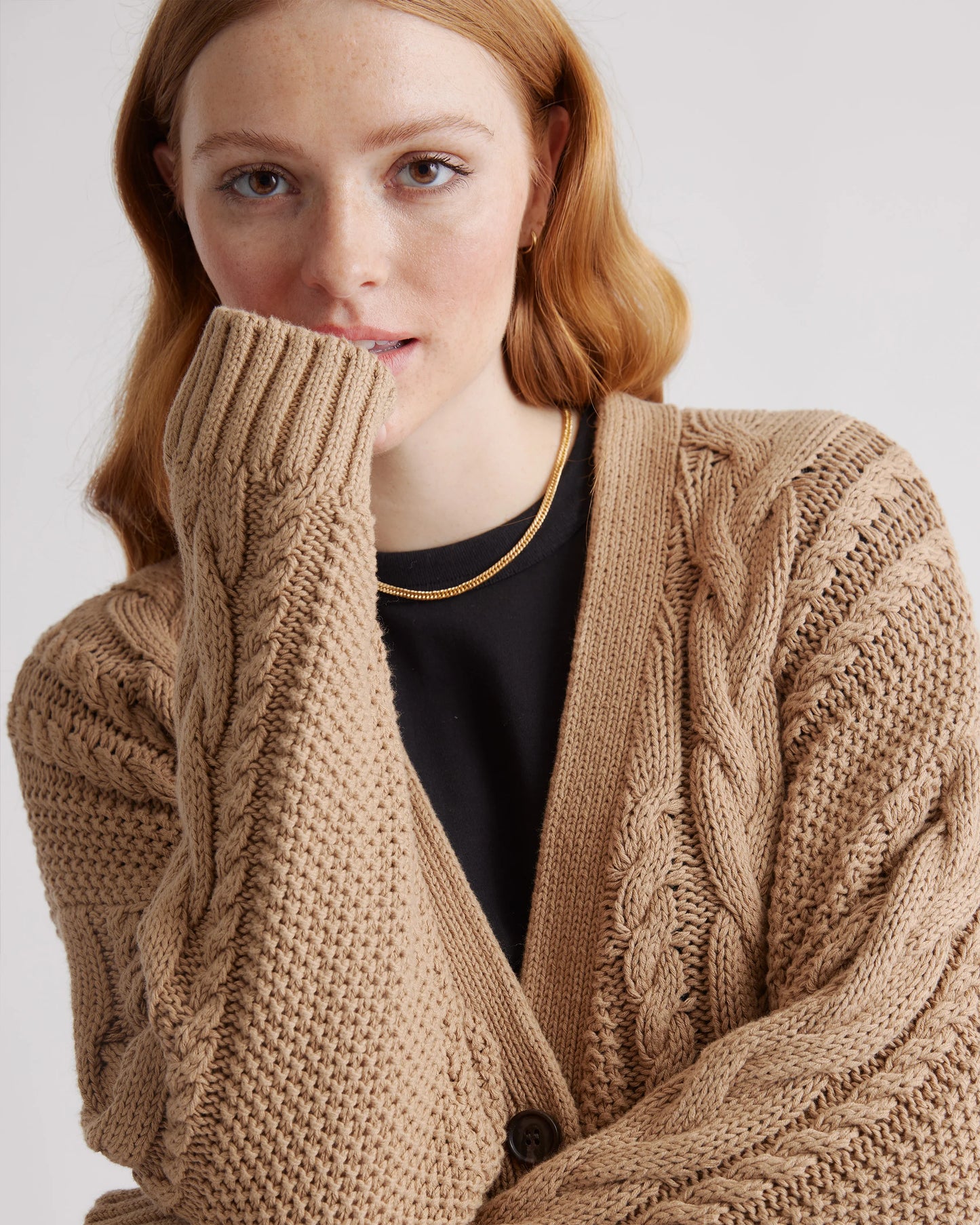 100% Organic Cotton Oversized Cable Cardigan - XS / Heather Brown