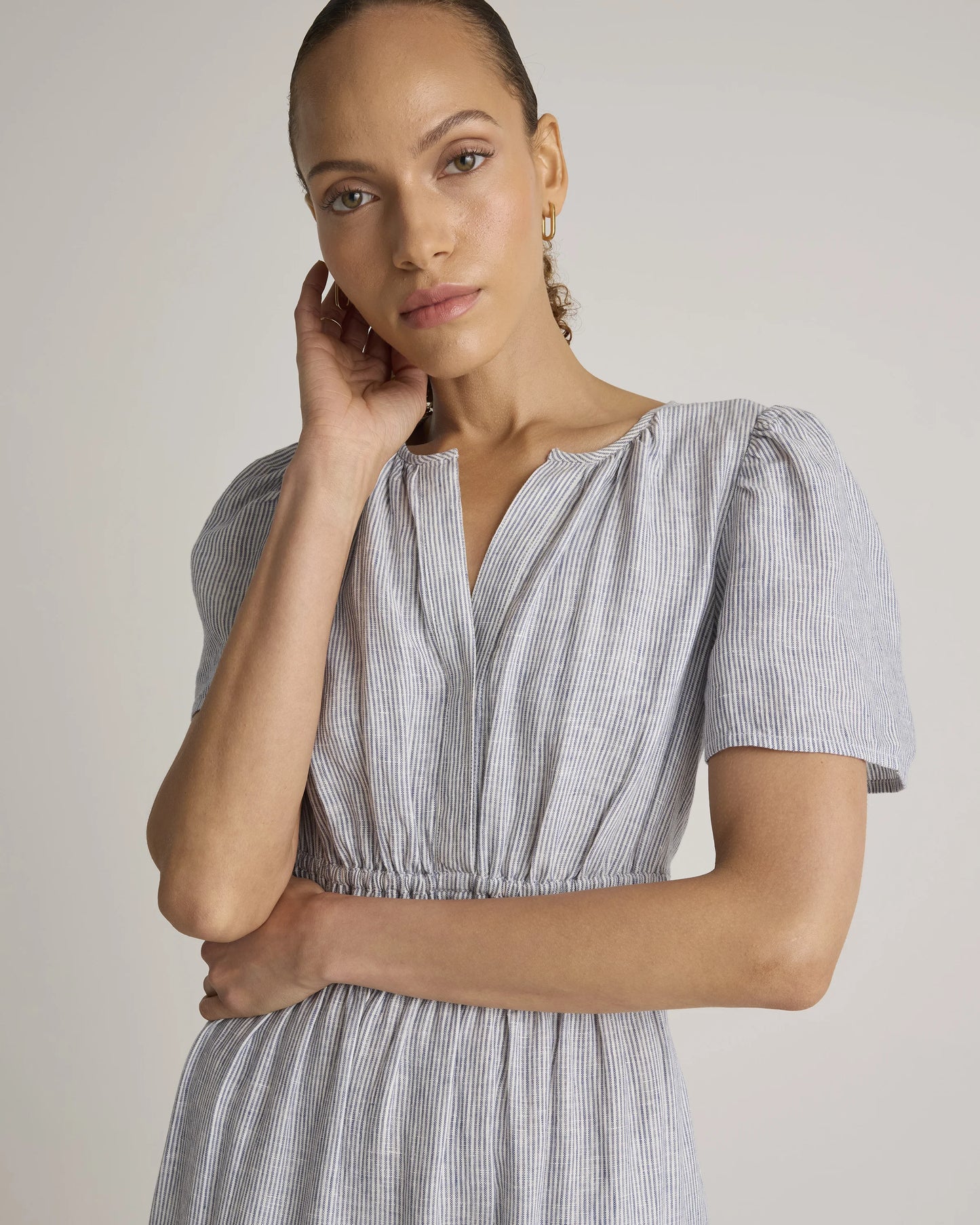 100% European Linen Tiered Maxi Dress - XS / Ivory Porcelain Blue Petite Floral