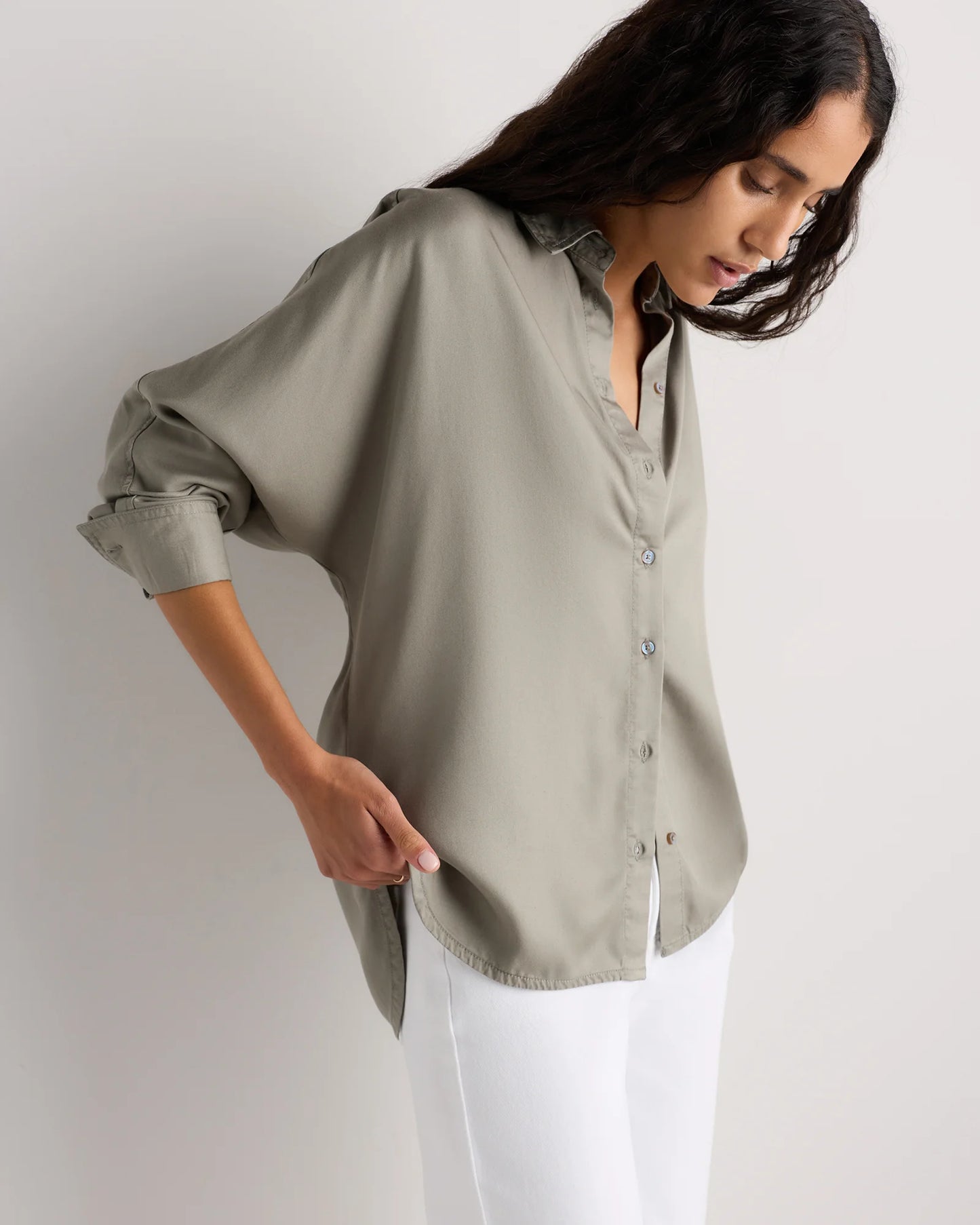 Vintage Wash Tencel Dolman Long Sleeve Shirt - XS / White