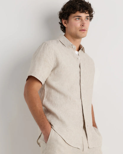 100% European Linen Relaxed Short Sleeve Shirt - XS / Taupe Brown Chambray
