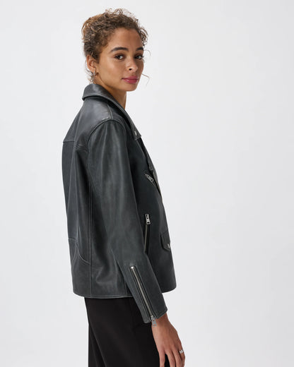 100% Leather Oversized Biker Jacket - XS / True Black