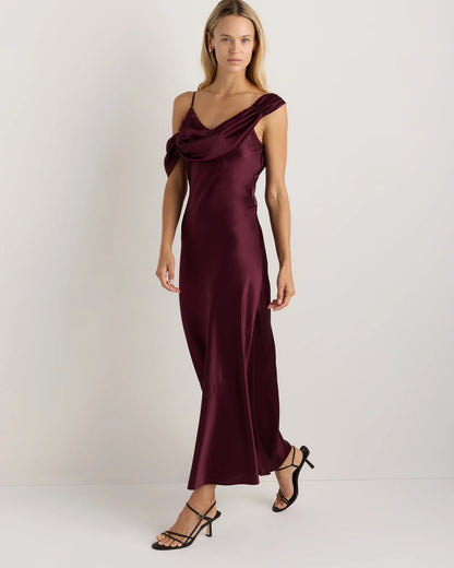 100% Washable Silk Draped Shoulder Maxi Dress - XS / Navy