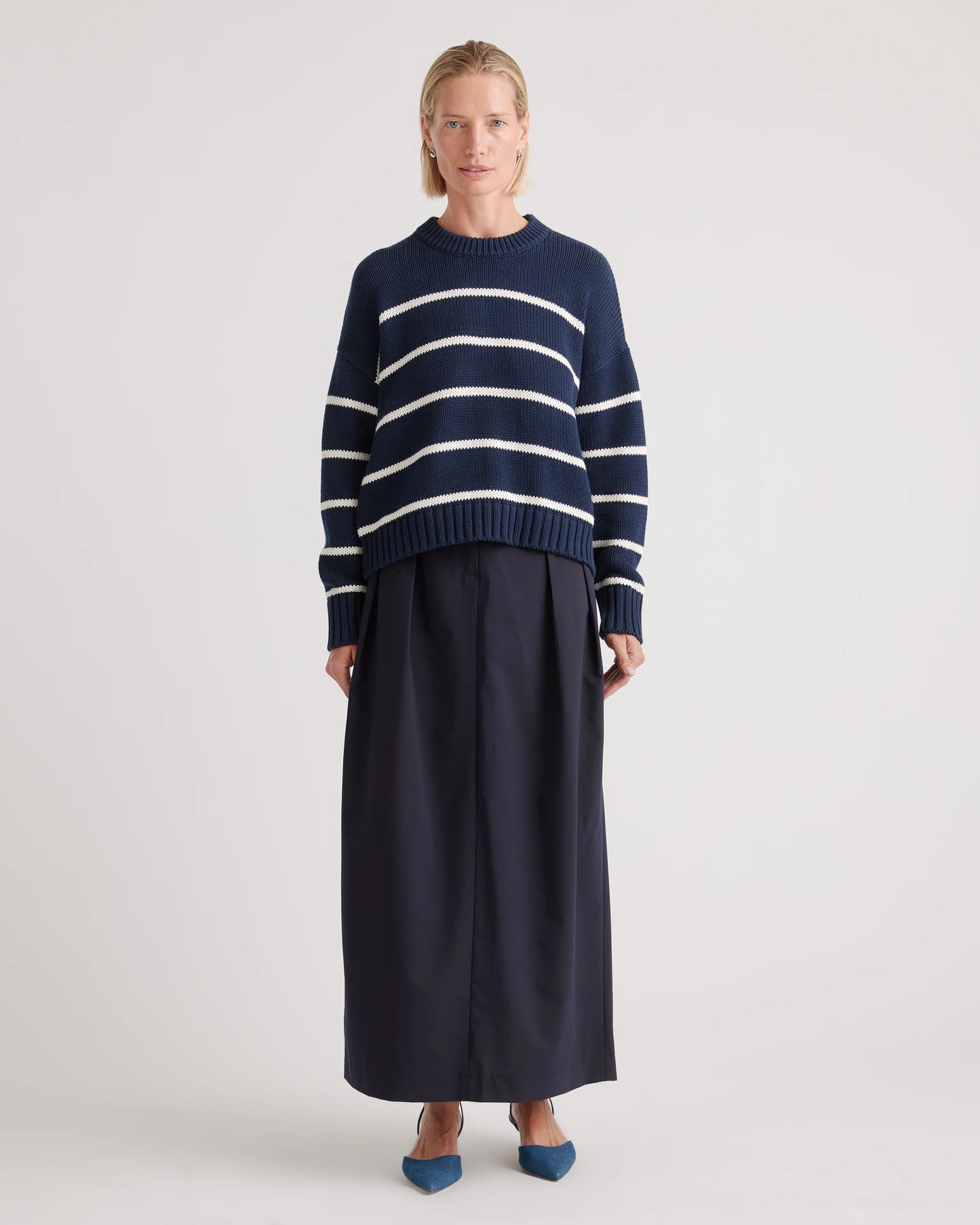 100% Organic Cotton Striped Crew Sweater - XS / Heather Brown/Ivory