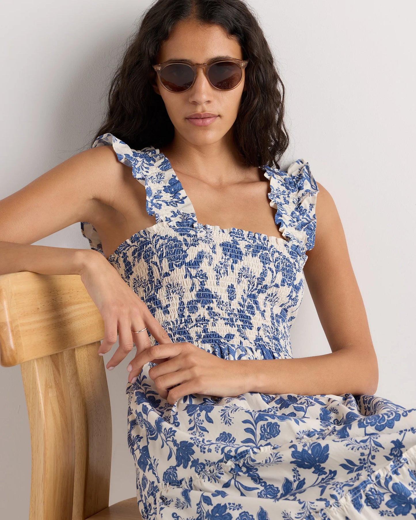100% Organic Cotton Poplin Smocked Midi Dress - XS / Riviera Blue Heirloom Floral