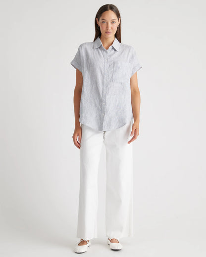 100% European Linen Camp Shirt - XS / Sky Blue Mariner Stripe