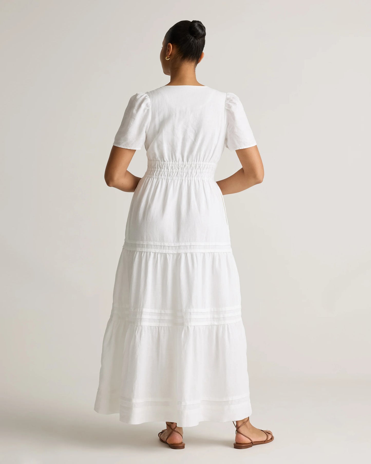 100% European Linen Tiered Maxi Dress - XS / Ivory Porcelain Blue Petite Floral