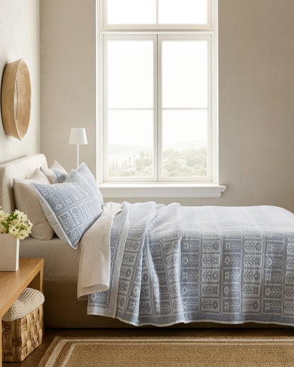 Organic Cotton Jacquard Floral Coverlet Set - Twin / Blue Fog