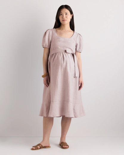 100% European Linen Maternity Short Sleeve Midi Dress - XS / Ivory Porcelain Blue Petite Floral