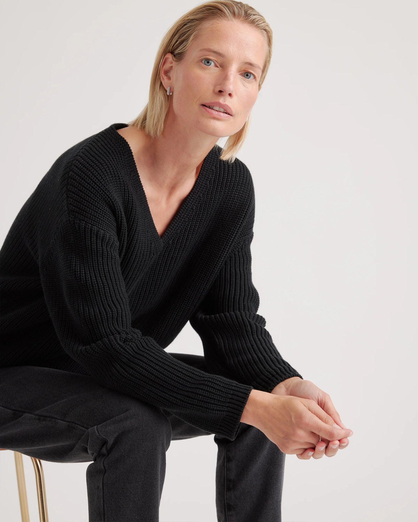 100% Organic Cotton Fisherman V-Neck Sweater - XS / Heather Brown