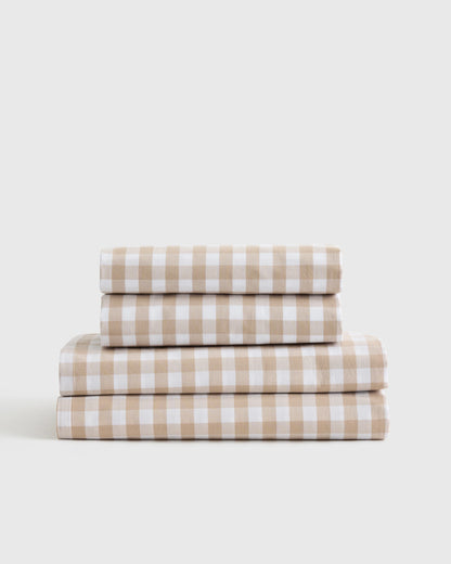 Organic Crisp Percale Gingham Sheet Set - Twin / Cafe