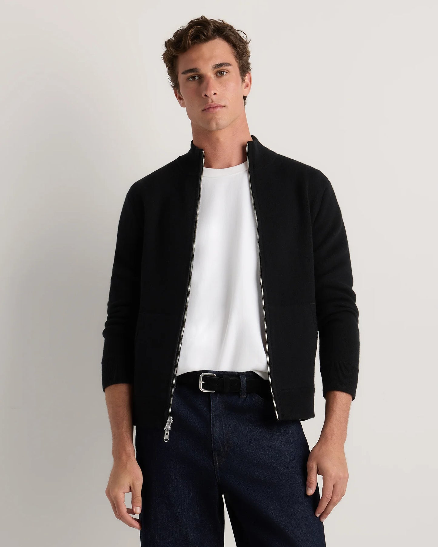 100% Reversible Cashmere Full Zip Sweater - S / Black/Charcoal