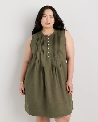 100% European Linen Sleeveless Swing Dress - 1X / Bayberry Olive