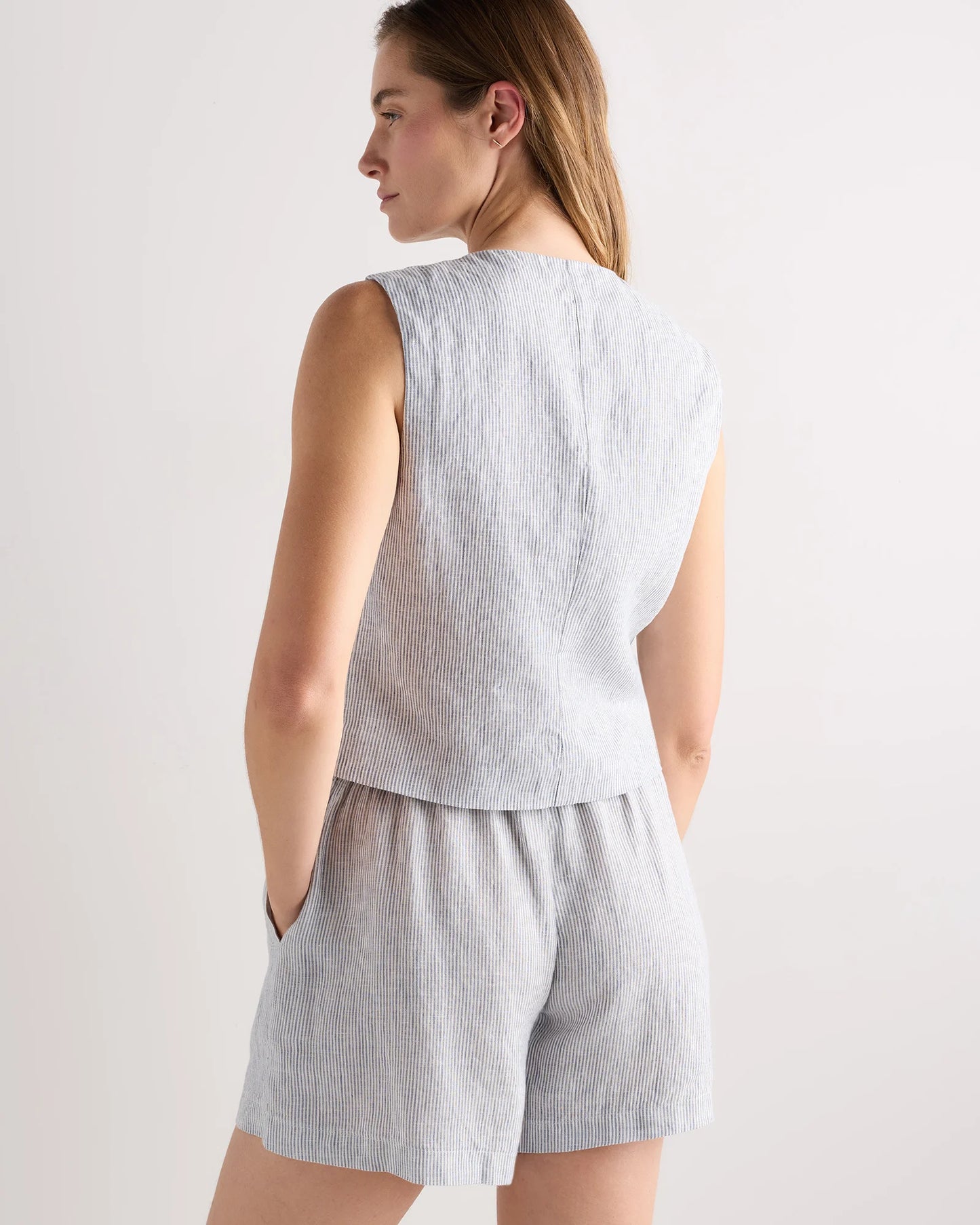 100% European Linen Vest - XS / Blue Pinstripe